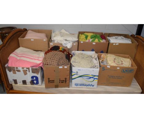 Assorted white linen, embroidered linen, chenille cloths, blankets, bed covers etc (eight boxes) 