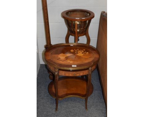 A reproduction French marquetry inlaid gilt metal mounted two-tier occasional table; together with an Edwardian style mahogan