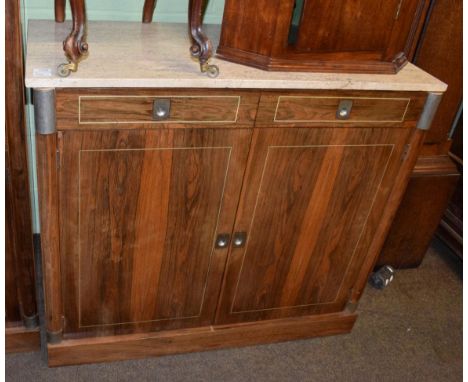 A 1970's rosewood side cabinet, with grey marble top above two drawers over two cupboard doors, one side enclosing a shelf, t
