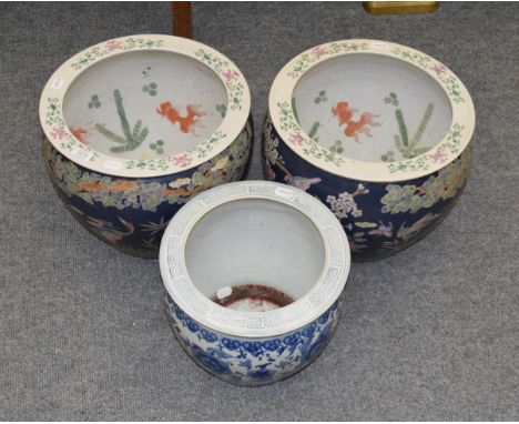 Three large Chinese porcelain fish bowls/planters 