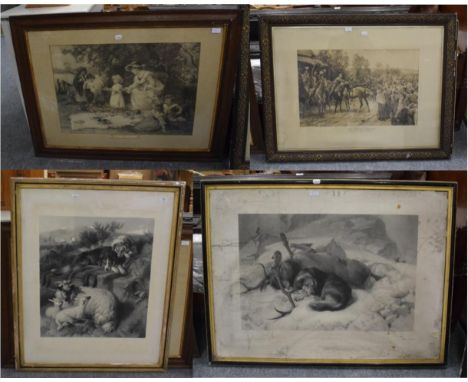 After Landseer, a 19th century black and white print of dogs and sheep; another similar of a hound and felled deer; and two f