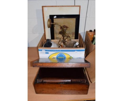 19th century mahogany writing slope; R. Lanzi, oil of a cellist; framed watercolour; brass wall lamp and shade; shelf and coa