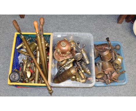 Three boxes of various brass including miner's lamp, various pumps and burners etc 