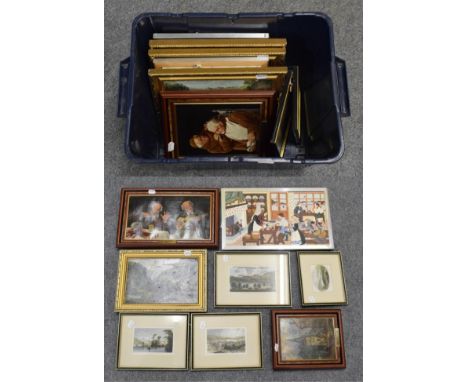 A collection of oils and prints: K Fussell (20th century) A close shave, signed oil on canvas; together with P R Carole, A Sh
