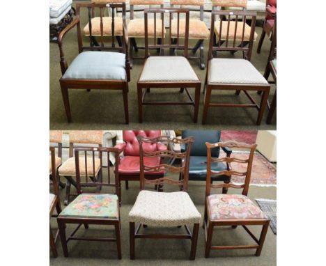 Two George III mahogany ladder back dining chairs; together with an open arm chair of similar date; and a set of three later 