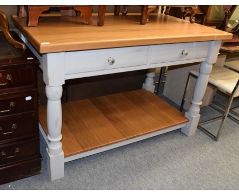 An oak kitchen serving table, modern, the base, painted en grisaille, with two self-closing long drawers, turned legs and she