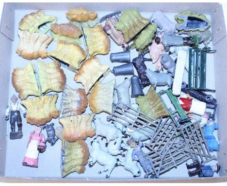 One tray containing a quantity of various Britains, FGT and other white metal and lead hollow cast miniatures to include hays