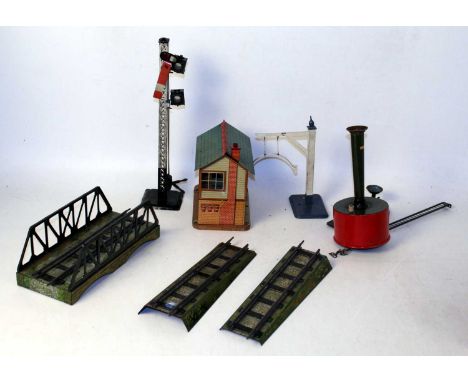 Hornby accessories: No. 2 water tank, column separated from base, hose perished, appears a total repaint (P); 1925-7 viaduct 