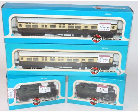 2x Airfix GWR green class 14XX tank engine (G-BG) and 2x GWR brown/cream autocoaches  (G-BG)