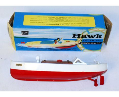 A Sutcliffe Models tinplate and clockwork model of a Minx speedboat comprising of white and red body with wooden super struct