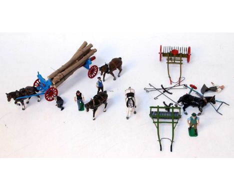 One box containing a quantity of various mainly Britains lead hollow cast farming miniatures and horse drawn equipment to inc