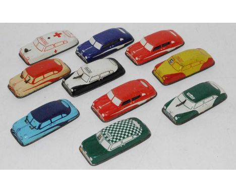 One tray containing ten various tinplate Japanese and Chinese mixed saloons to include taxi, ambulance, police car, and other