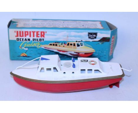 A Sutcliffe Models tinplate and clockwork model of an Ocean Pilot Cruiser, Jupiter, comprising of white, red, and gold lined 