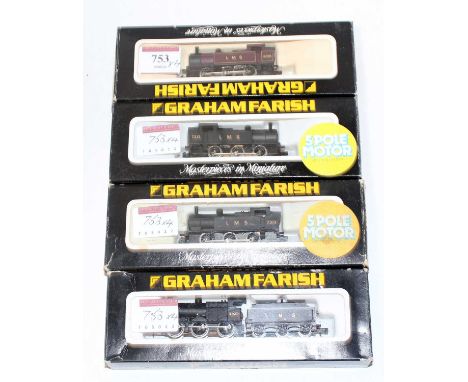 4 Graham Farish items in N gauge ref. 1701 0-6-0 tank engine maroon (G-BG), 2x Ref. 1706 tank engine both LMS black one with 
