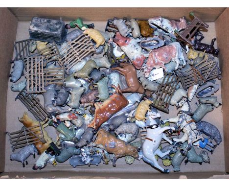 One tray containing a quantity of mixed Britains playworn farming and civilian miniatures to include various livestock, horse