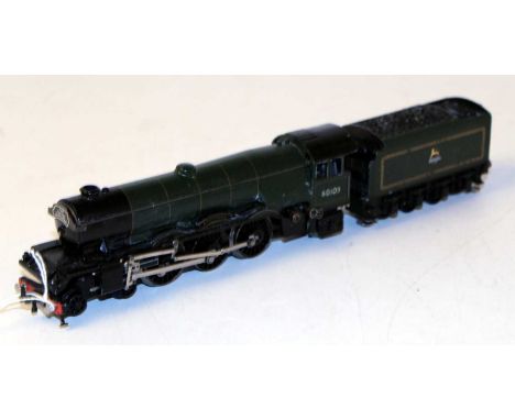 Trix Twin Railway BR lined green 3-rail 'Scotsman' engine and tender with 'The Flying Scotsman' headboard, loss to lining on 