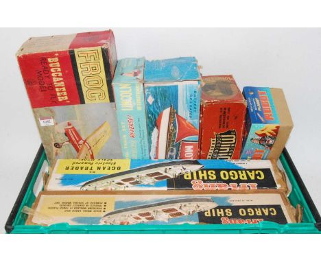 One box of various mixed tinplate and plastic mixed toys to include two boxed incomplete Triang Cargo Ships,a Frog Buccaneer 