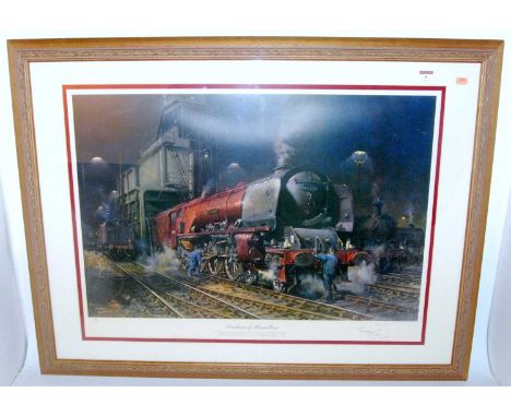 A framed and glazed Cuneo print ' Duchess of Hamilton', an engine shed scene, landscape, 39"x29" approx, limited edition prin