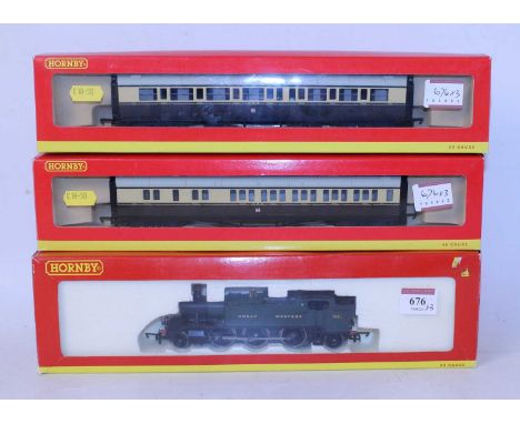 Hornby R4065D and R4066D GWR corridor coaches (NM-BNM) and a Great Western prairie tank engine no. 612 (G-BG)