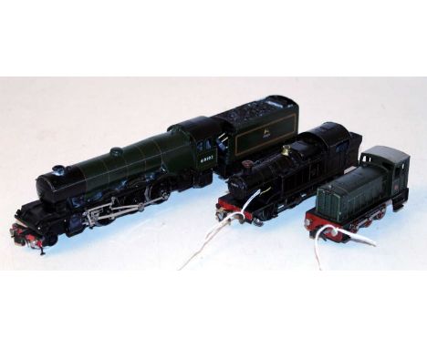 Trix 3-rail H0 black GWR outline 0-6-2 tank engine No. 6664 (F-G) together with 3-rail H0 Ruston 0-6-0 diesel shunter (G)