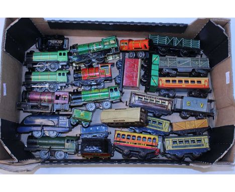 Large tray containing (mainly) British made lower value 0 gauge locos, coaches and wagons, Chad Valley, and Mettoy etc, overa