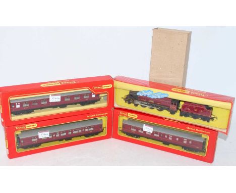 Triang Hornby R258NS LMS red Princess engine and tender with steam exhaust sound and smoke (M-BM), and 3BR Mk1 coaches in LMS