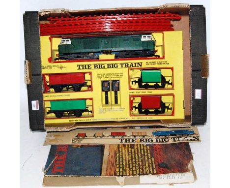 Big Big Train set comprising Bo-Bo diesel loco repainted BR green with two open wagons and two tipping trucks, with track (G)
