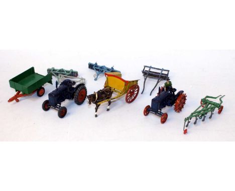 One tray containing a quantity of various play worn Britains horse-drawn and farming equipment to include a No. 128F Fordson 