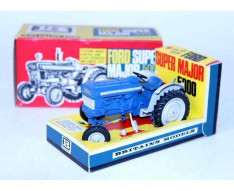 A Britains No. 9527 Ford Super Major 5000 tractor comprising of blue body with grey mudguards and grey plastic wheels, comple