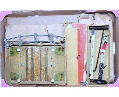 A quantity of early Hornby clockwork track with locking wires (G-BF), Hornby Series double track level crossing and signal (G