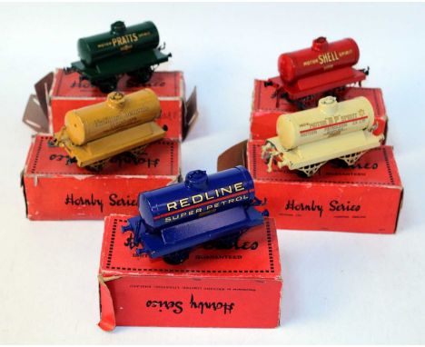 Five Hornby open axleguard tank wgaons: 1930-1 Redline (probably repainted) (VG); 1925-7 Pratts green (G); 1924-7 National Be
