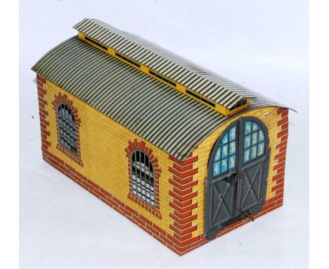 A Bing single road clockwork engine shed, a few small marks to roof and sides (G)