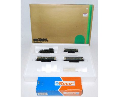 Trix part complete ref 21229 K Bay Stats Bahn 0-6-2 tank engine and 3 four wheel coaches (G-BG), and sold with a Roco H0 Bava