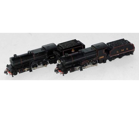 Post-war Trix Twin Railway LMS black compound engine and tender No. 1168 (G) together with a similar in BR lined black No. 41