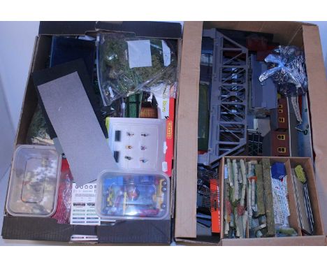 Two large trays and a small box containing railway buildings and accessories, mixed makes, many ex-model railway use (a/f)