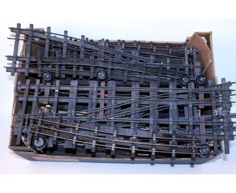 Large tray 0 gauge track, wooden battens, in style of Bassett Lowke, brass rail, mainly 3-rail but some 2-rail with centre ch