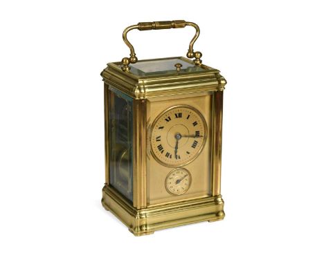 A French grande sonnerie gorge cased repeating carriage clock with alarm, 19th century,  unsigned, the matt gilt dial with tw