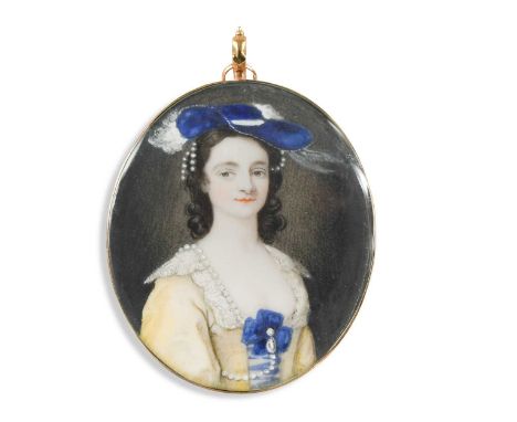 Peter Paul Lens (1714 - after 1754) Portrait miniature of a lady in a yellow dress with lace lawn collar, blue bow at the bod