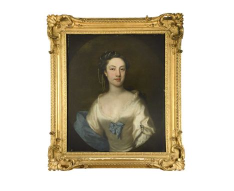 Circle of Francis Hayman (1708-1776) Portrait of a lady in a white silk dress with blue bow and blue cloak, a string of pearl