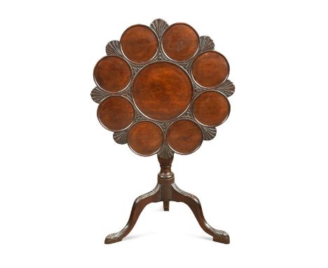 A George II style mahogany supper table, 19th century, the shaped tilt-top with circular wells interplaced by carved shell an