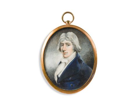 Circle of John Barry (fl. 1784-1827) Portrait miniature of a gentleman in a blue jacket with black buttons watercolour on ivo