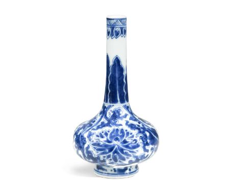 A Chinese blue and white bottleneck vase,  Kangxi (1662-1722), the neck with leaf tips and the body with three large lotus bl