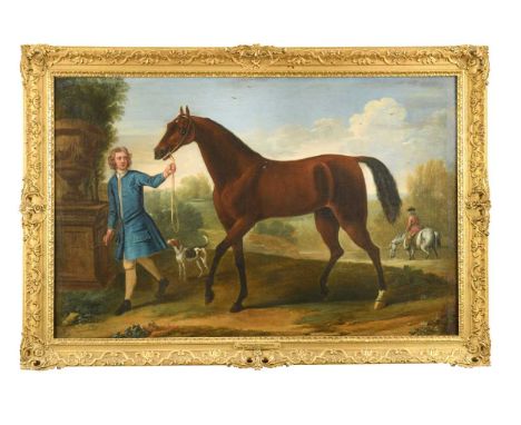 John Wootton (c.1682-1764) A bay Arabian stallion being led by a groom, a hound nearby, with a rider and grey horse watering 