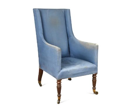 A Gillows style mahogany armchair, 19th century, the high rectangular back and seat upholstered in a light blue fabric raised