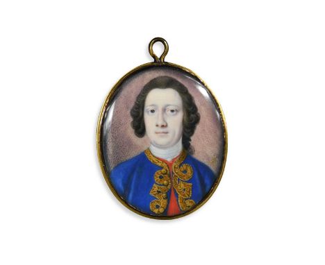 Peter Paul Lens (1714 - after 1754) Portrait miniature of a gentleman wearing a blue coat with gold frogging and a red waistc