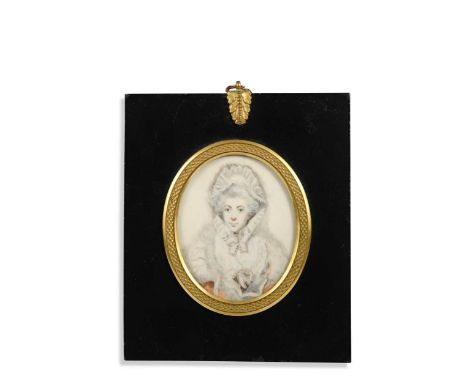 Circle of John Hoppner, RA (1758-1810) An unfinished portrait miniature of a lady in a lace bonnetwatercolour on ivory, oval8