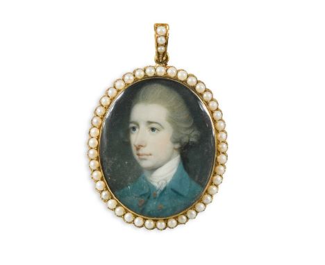 Attributed to Richard Crosse (1742-1810) Portrait miniature of a gentleman wearing a green coat with his hair worn en queue w