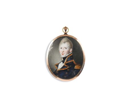 Nicholas Freese (1761-1831) Portrait miniature of a naval officer in a blue uniform trimmed with gold, white waistcoat, frill