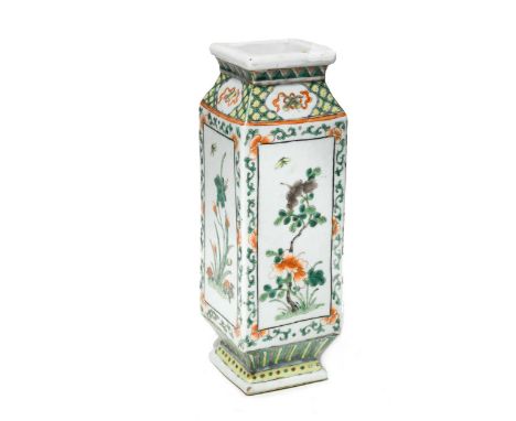 A Chinese famille verte porcelain pedestal vase, Qing Dynasty, late 19th century, of square section, each panel painted with 