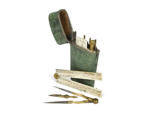 A shagreen cased set of draughtsman's instruments, early 19th century, the lid with engraved initialled plaque, fitted with t
